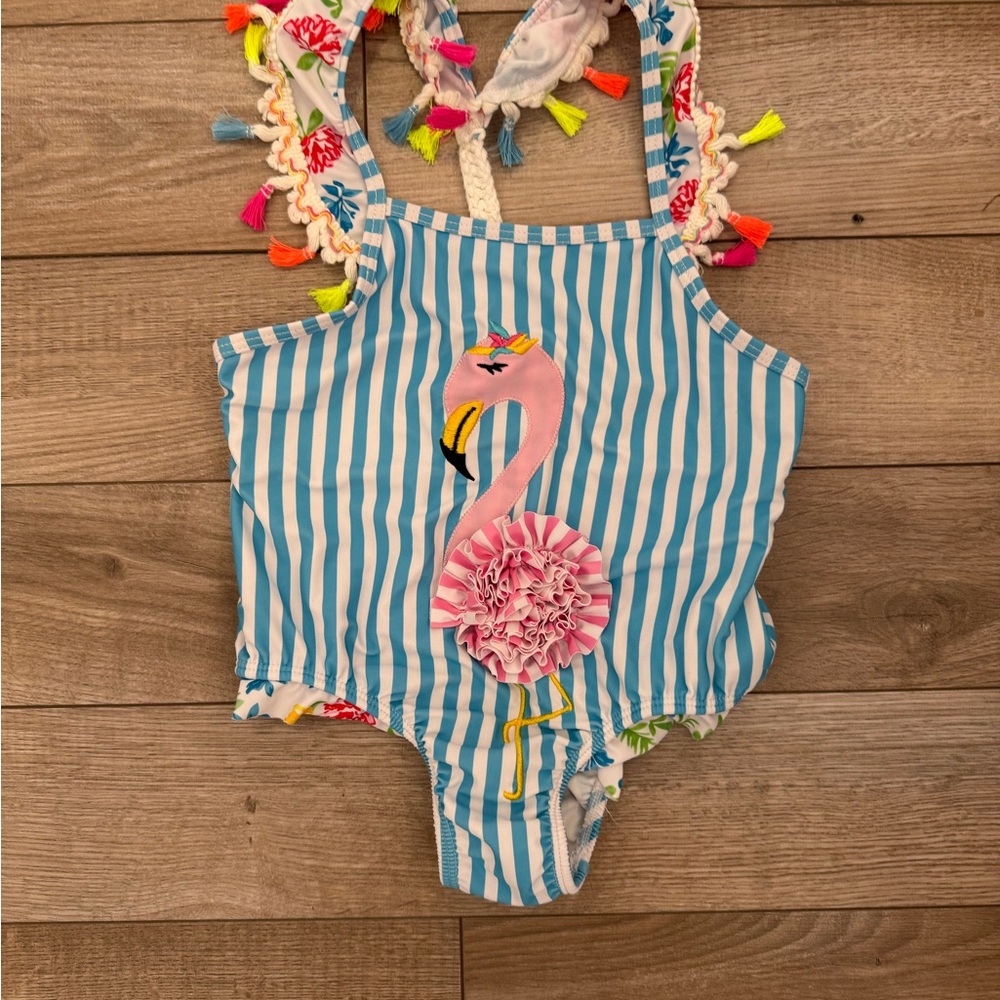 Striped Blue and White Swimsuit with Flamingo Design